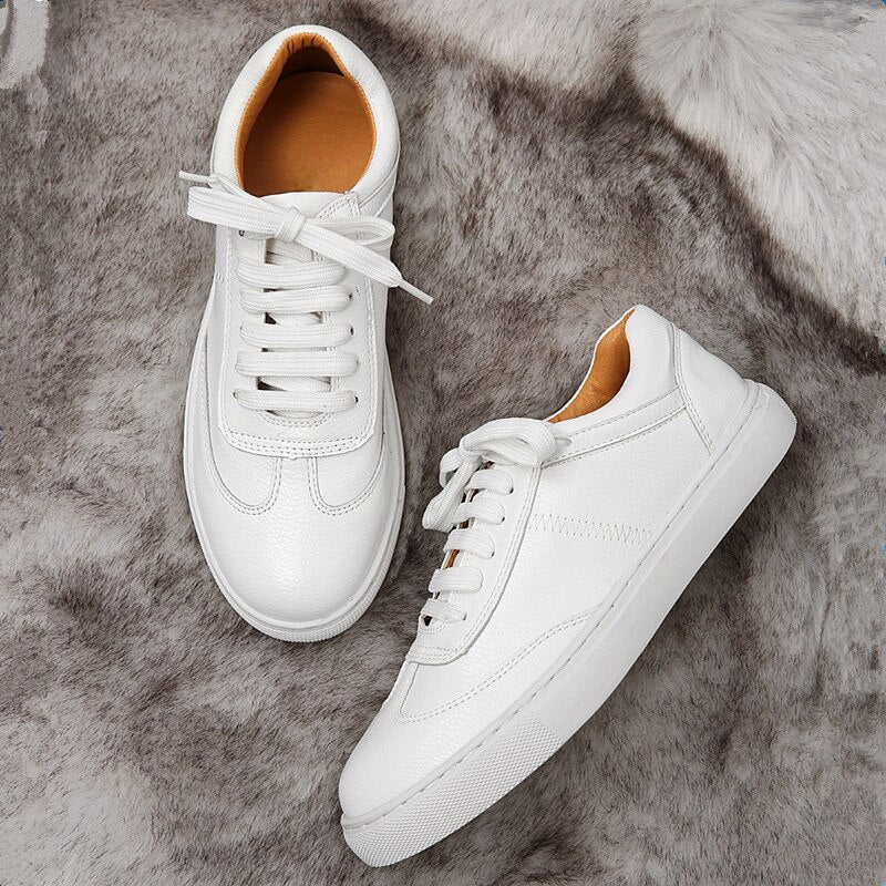 azfleek Lace-up Shoes Fashion White Leather Women Sneakers Lace-Up Casual Shoes 2.5cm White / 5