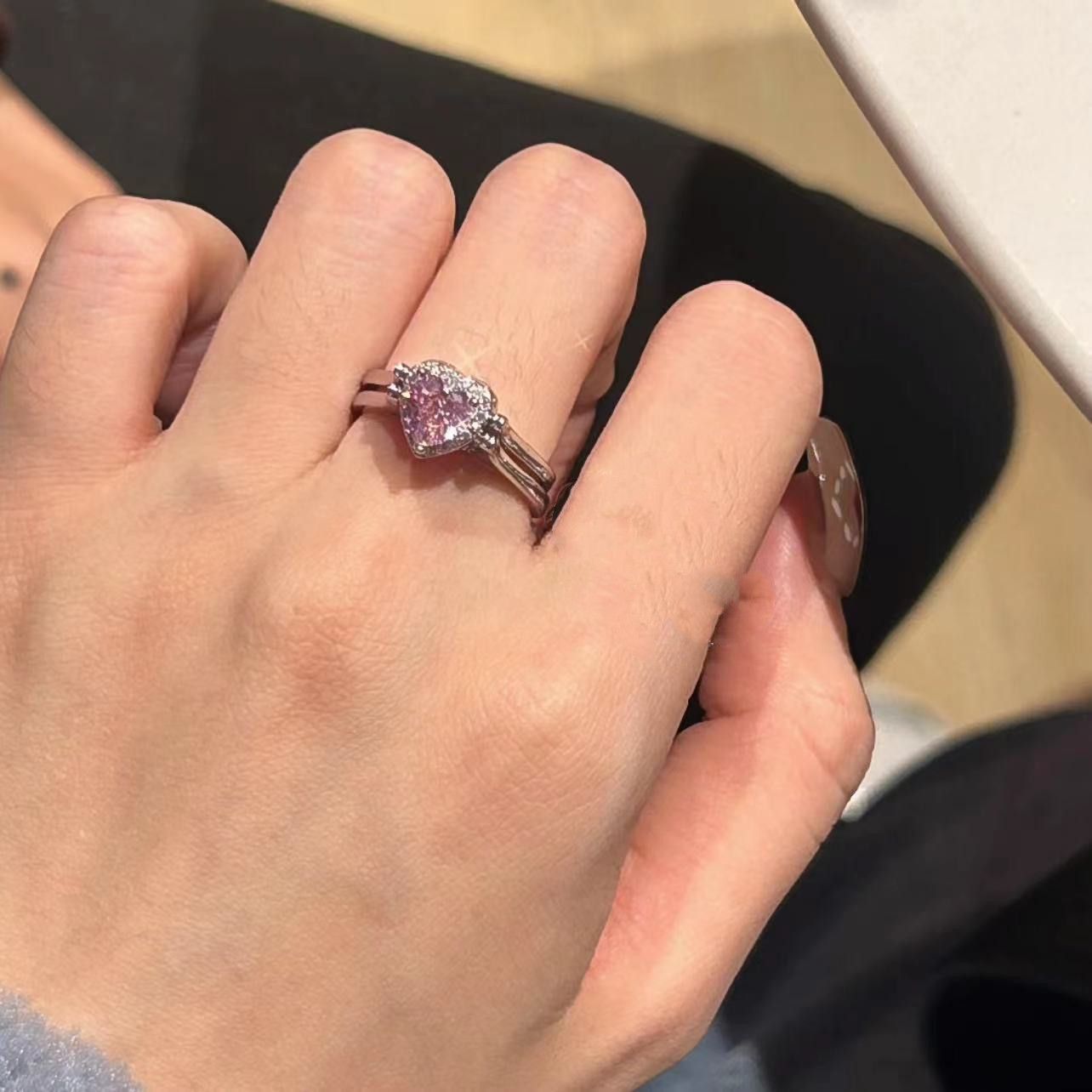 Douyin Heart-Shaped Flip Ring with Diamonds, Adjustable Double Ring for Students