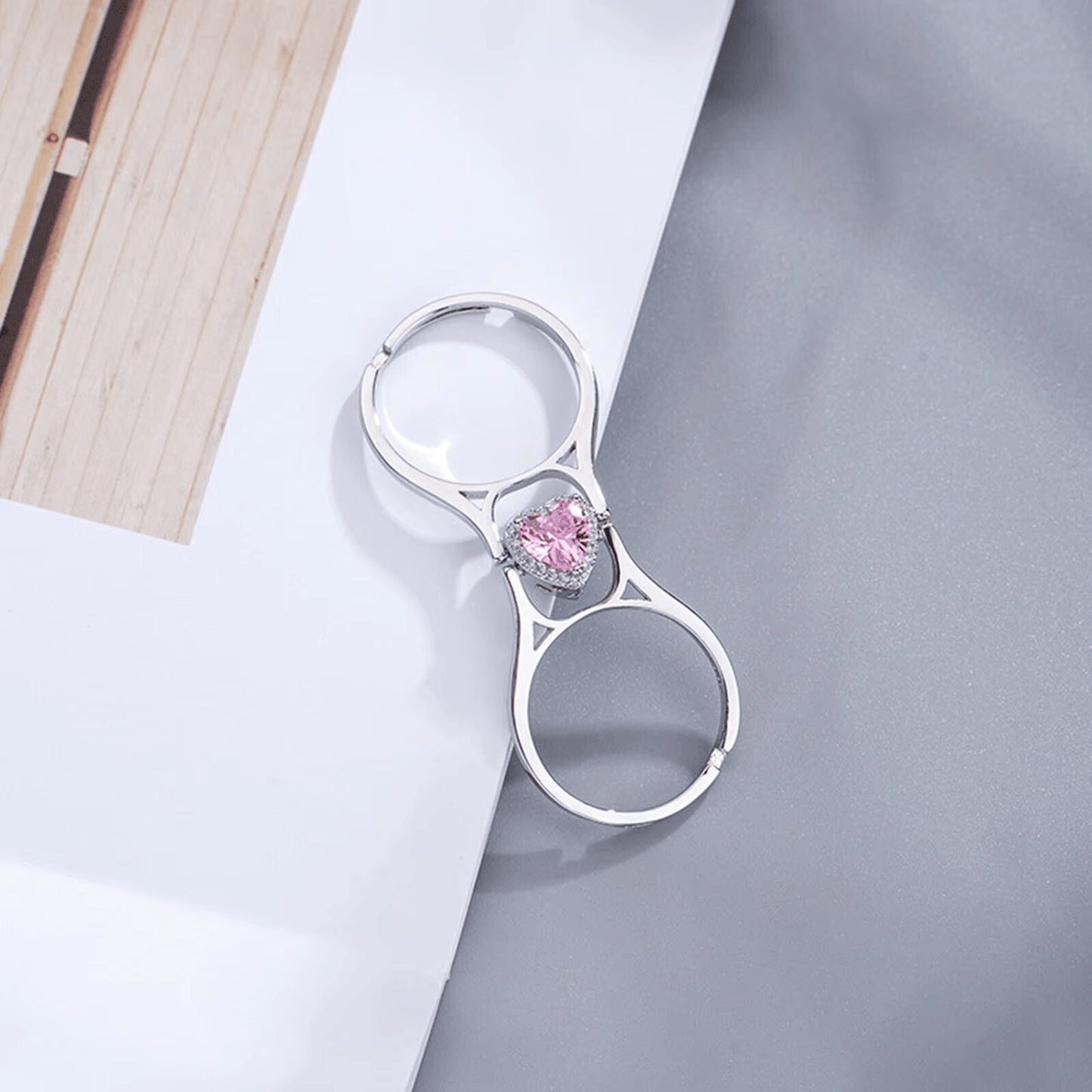 Douyin Heart-Shaped Flip Ring with Diamonds, Adjustable Double Ring for Students