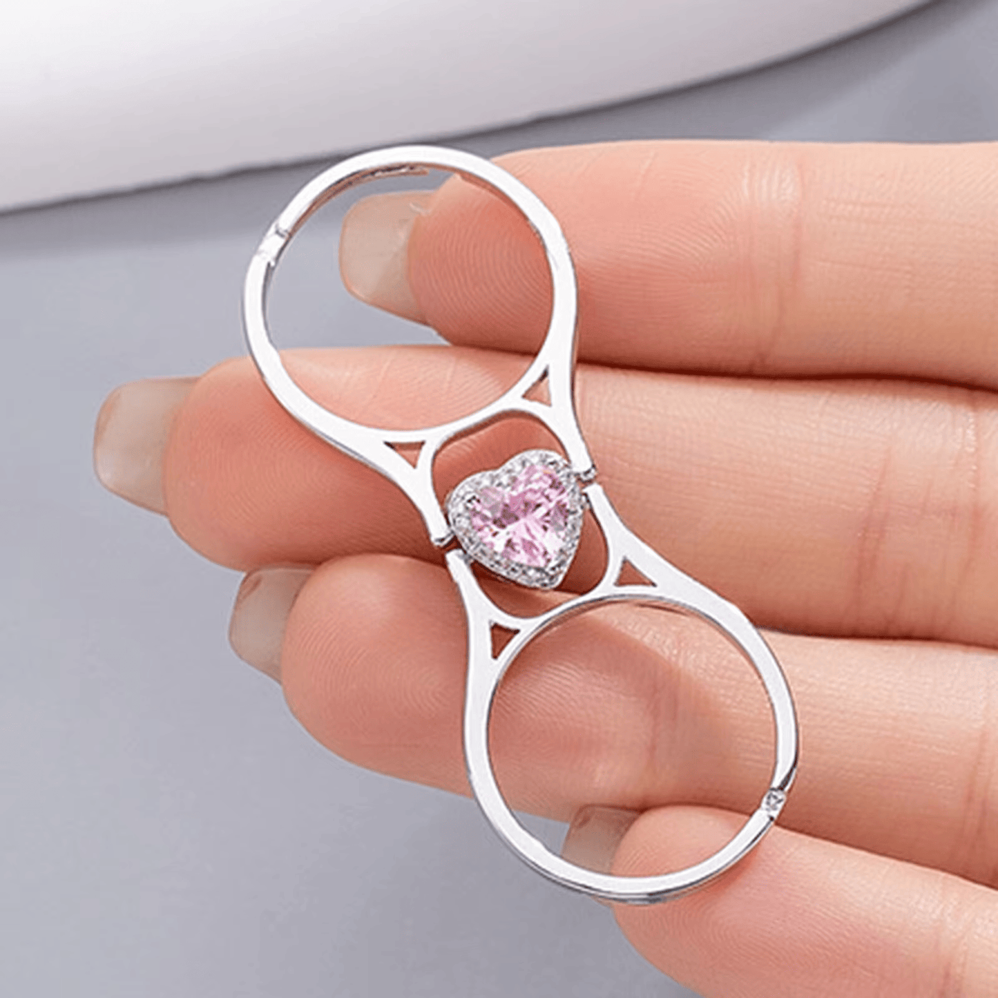 Douyin Heart-Shaped Flip Ring with Diamonds, Adjustable Double Ring for Students