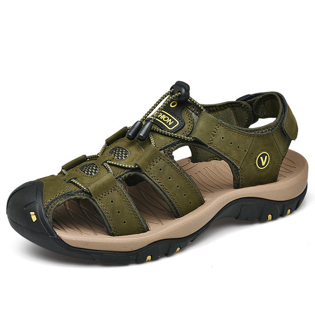 azfleek Sandals Genuine Leather Men Shoes Summer Fashion Slippers Sandals Green / 7