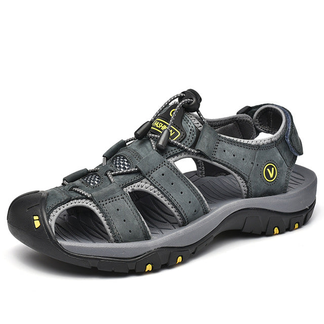 azfleek Sandals Genuine Leather Men Shoes Summer Fashion Slippers Sandals Gray / 10