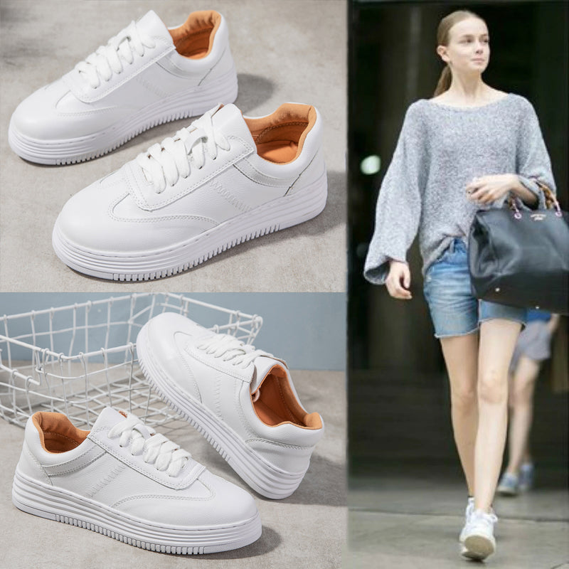 azfleek Lace-up Shoes Fashion White Leather Women Sneakers Lace-Up Casual Shoes