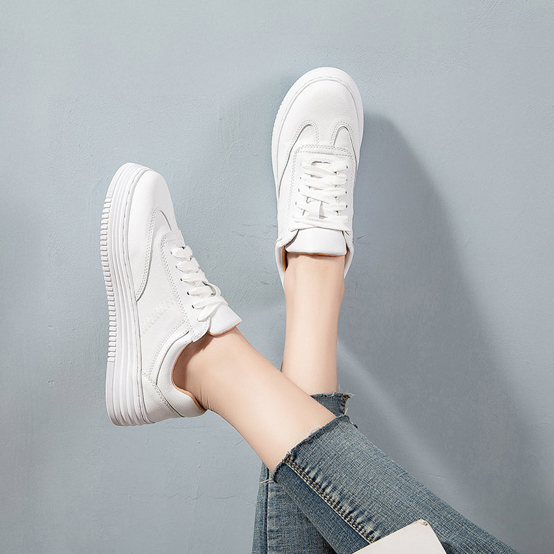 azfleek Lace-up Shoes Fashion White Leather Women Sneakers Lace-Up Casual Shoes