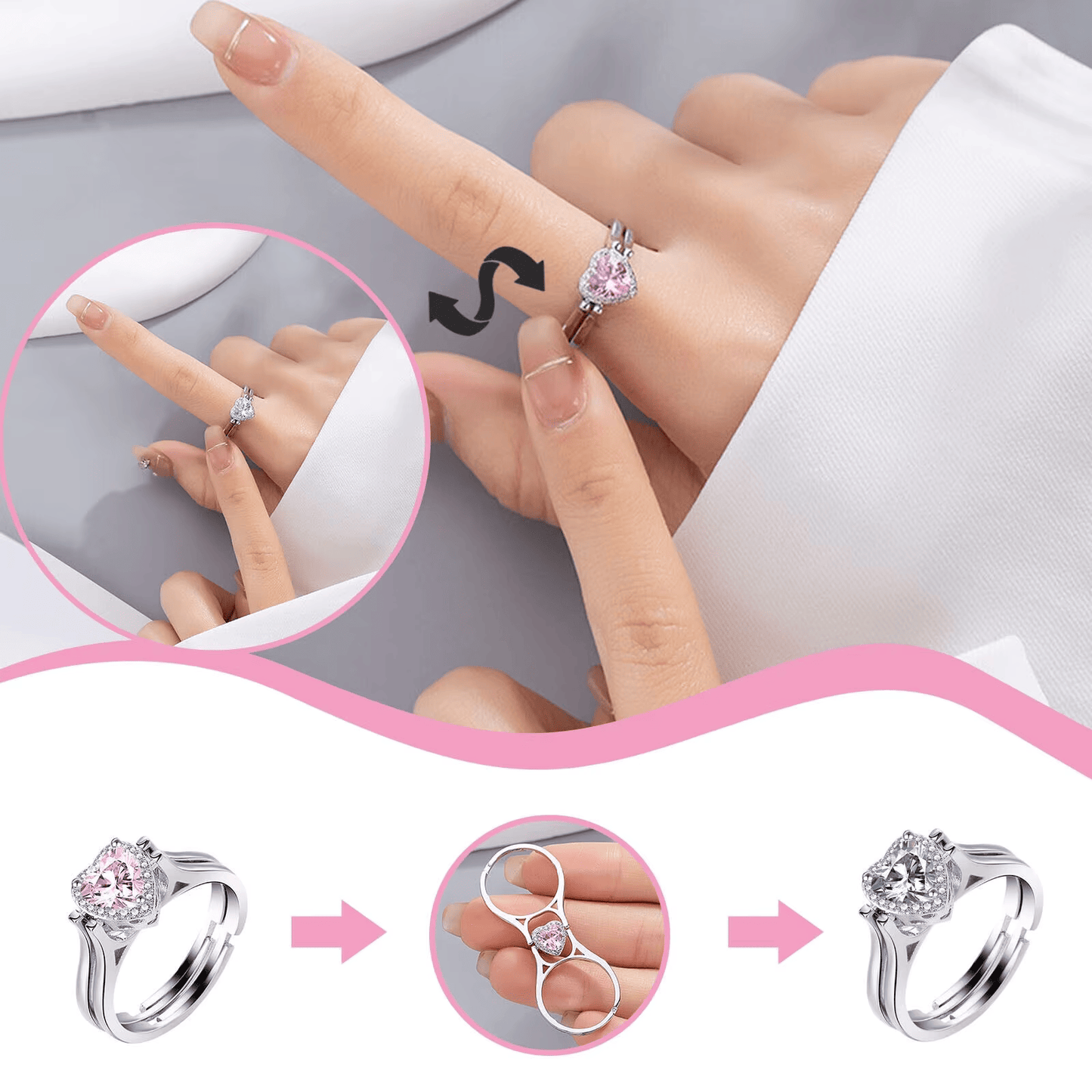 Douyin Heart-Shaped Flip Ring with Diamonds, Adjustable Double Ring for Students