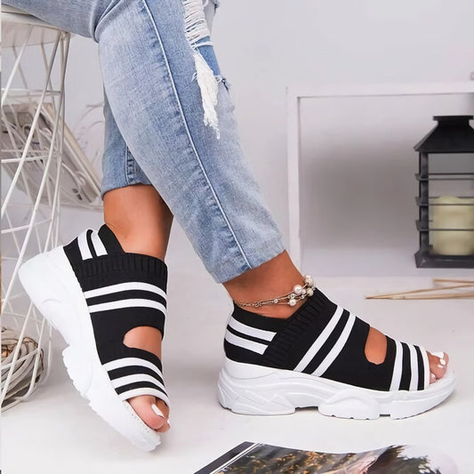 azfleek Sandals Women's Wedges Platform Sandals Slip On Peep Toe Knitted Sandals Black / 6