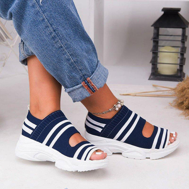azfleek Sandals Women's Wedges Platform Sandals Slip On Peep Toe Knitted Sandals Blue / 5